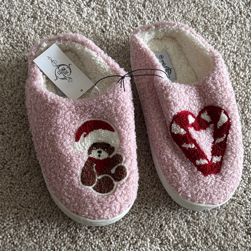 Pink Fuzzy Slippers with Bear and Candy Cane Design